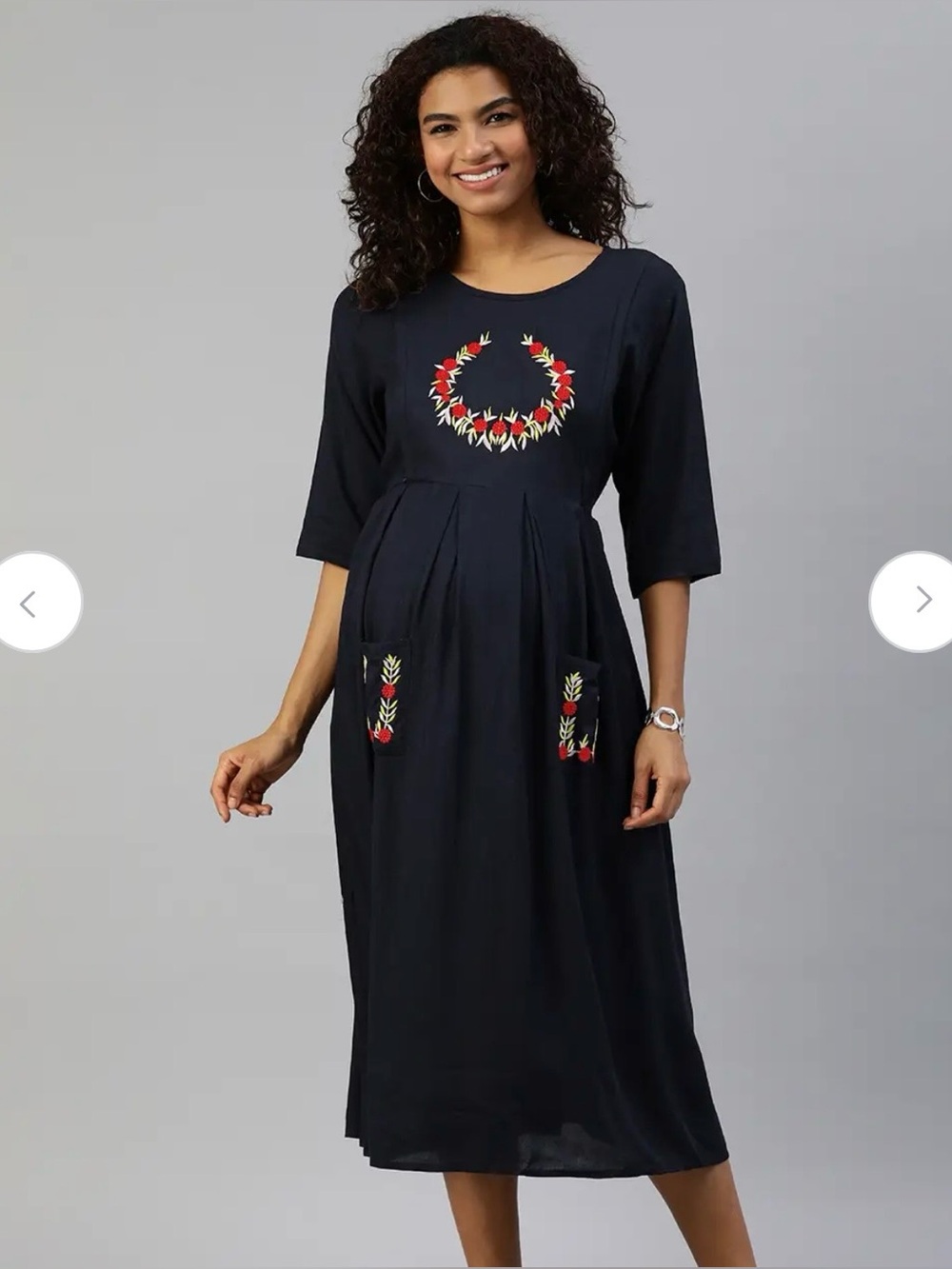 MomToBe Maternity Nursing Women’s Navy Embroidered Indian Midi Dress - Floral